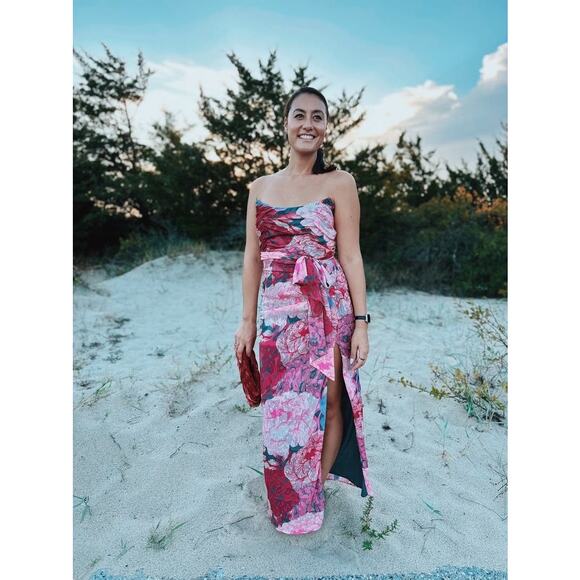 HUTCH Purple Pink Floral Drape Front Strapless Julietta Maxi Gown size 4 - Picture 4 of 14